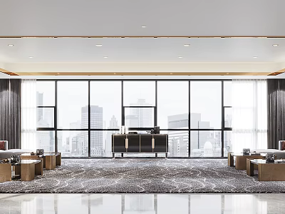 Modern Lounge Area Featuring Large Windows City View Soft Rug Sofas And Coffee Tables 3d model