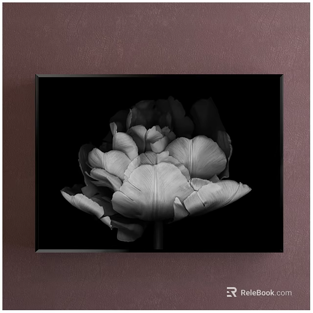 Minimalist Black and White Flower Plant Painting Framed On Brown Wall 3d model 