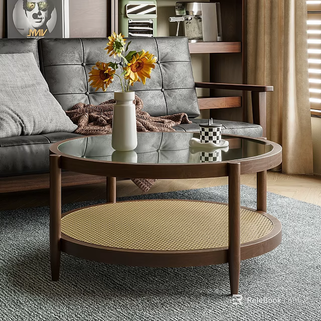 Round Coffee Table With Glass Top Woven Shelf Featuring White Vase Yellow Sunflowers Checkered Mug 3d model 