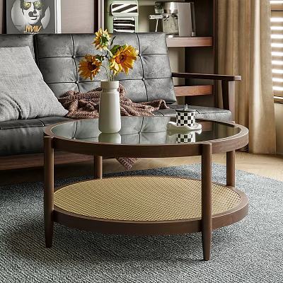 Round Coffee Table With Glass Top Woven Shelf Featuring White Vase Yellow Sunflowers Checkered Mug 3d model