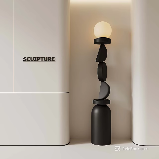 Modern Sculptural Floor Lamp With Black Stacked Design And White Globe Shade 3d model 