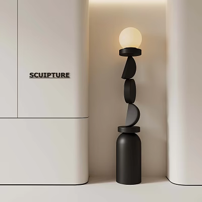 Modern Sculptural Floor Lamp With Black Stacked Design And White Globe Shade 3d model