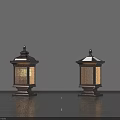 Two Elegant Classic Lanterns With Lit Glass Panels On Dark Floor