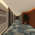 Hotel Corridor Interior with Orange Walls Potted Plant Patterned Carpet and Room Number 321