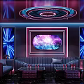 Stylish KTV Lounge Interior with Purple Blue Lighting Sofas Coffee Tables Large Starry Galaxy Screen 3d model