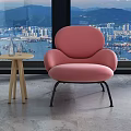Modern Pink Armchair With Wooden Side Table By Large Window And City Sea View