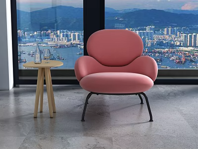 Modern Pink Armchair With Wooden Side Table By Large Window And City Sea View 3d model