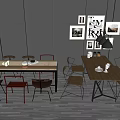 Modern Dining Table Set With Chairs Decorative Wall Frames And Potted Plant 3d model