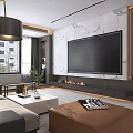 Modern Living And Dining Room Interior With Marble Accent Wall Fireplace And Gray Sofa
