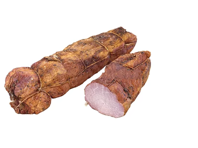 Smoked Rolled Meat with Whole and Sliced Portion and Brown Surface Texture 3d model