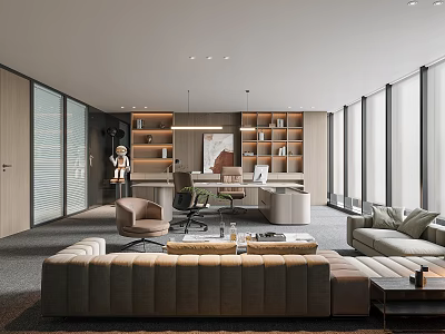 Contemporary Office Interior Featuring Open Layout Bookshelves Sofa Work Desk and Floor to Ceiling Windows 3d model