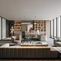 Contemporary Office Interior Featuring Open Layout Bookshelves Sofa Work Desk and Floor to Ceiling Windows