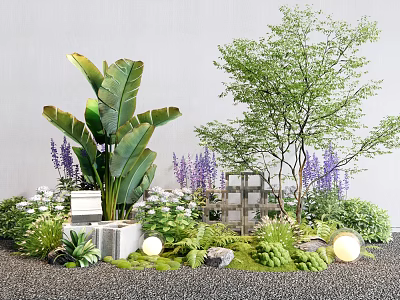 Lush Garden with Large Leaf Plants Purple Flowers Green Shrubs and Decorative Lights 3d model