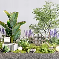 Lush Garden with Large Leaf Plants Purple Flowers Green Shrubs and Decorative Lights