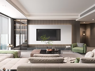 Modern Living Room Interior With Beige Sofa Green Accent Chair Coffee Table Plants And TV Wall 3d model