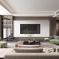 Modern Living Room Interior With Beige Sofa Green Accent Chair Coffee Table Plants And TV Wall