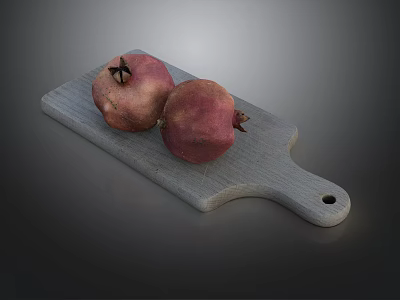 Gray Wooden Cutting Board With Two Fresh Ripe Pomegranates On Top 3d model