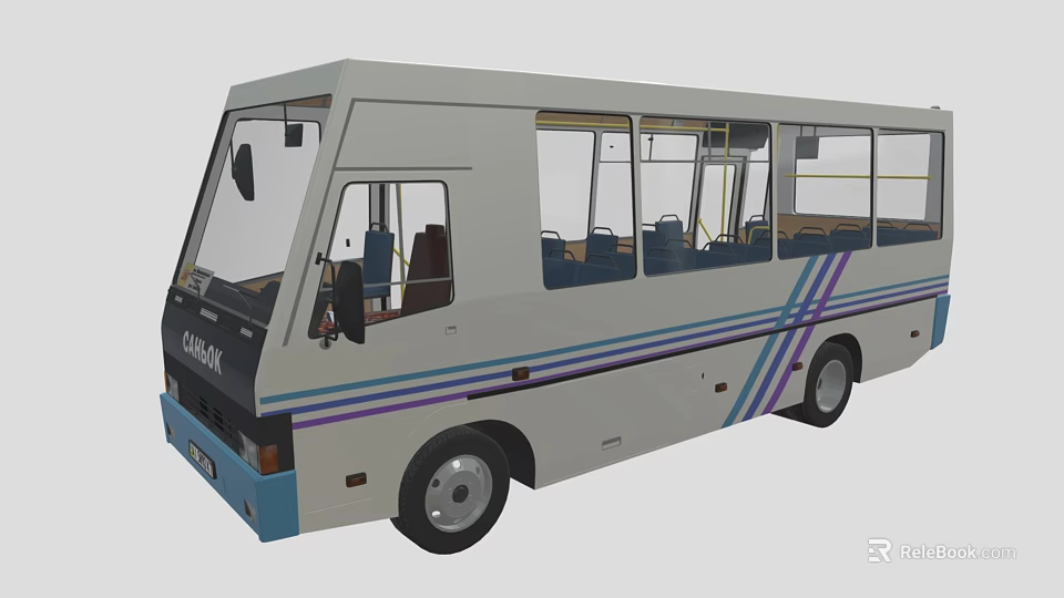 Carrera White Bus With Blue And Purple Stripes Transparent Windows And Interior Seats Design 3d model 