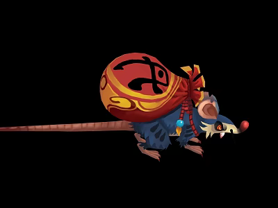 Rat With Blue Fur Carrying Red Treasure Bag Golden Decorations Long Tail And Red Nose 3d model