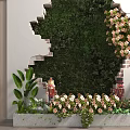 Green Plant Wall With Broken Design Pink Flowers Nutcracker Dolls And Lush Greenery