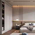Elegant Modern Bedroom Interior With Bed Wardrobe Nightstand Rug Armchair And Pendant Lighting Blinds