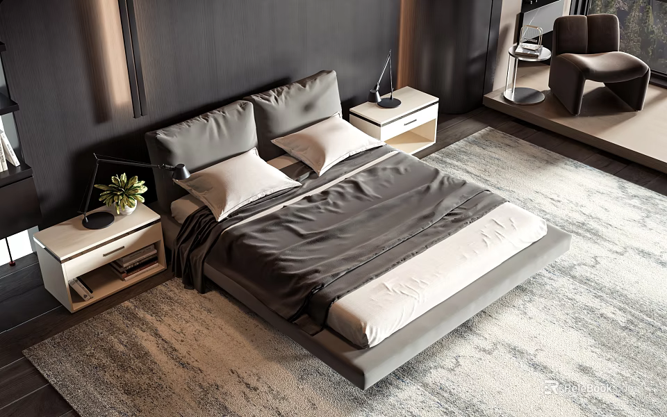 Modern Double Bed with Gray White Bedding Bedside Tables Table Lamps and Gray Rug 3d model 