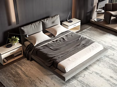 Modern Double Bed with Gray White Bedding Bedside Tables Table Lamps and Gray Rug 3d model