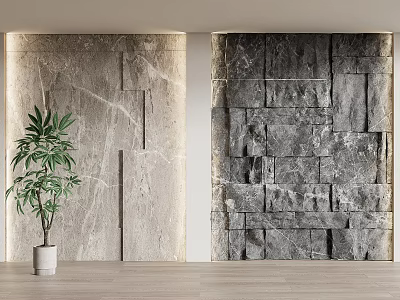 Modern Interior Stone Wall With Marble And Stacked Stone Slabs Green Plant On Wooden Floor 3d model
