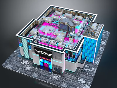 Cartoon Scene Featuring Modern Building With Neon Lights Pink Interior And Glass Walls 3d model