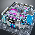 Cartoon Scene Featuring Modern Building With Neon Lights Pink Interior And Glass Walls