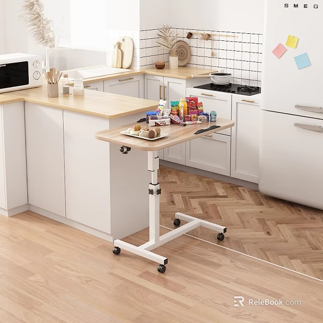 Mobile Height Adjustable Side Table With Wooden Top For Kitchen Snacks And Drinks 3d model 