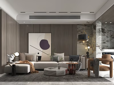 Modern Living Room Interior With Wooden Walls Large Abstract Painting Sofa Round Coffee Table And Floor Lamp 3d model
