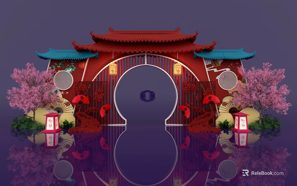 Traditional Chinese Event Gate With Red Structure Blue Roof And Cherry Blossom Trees 3d model 