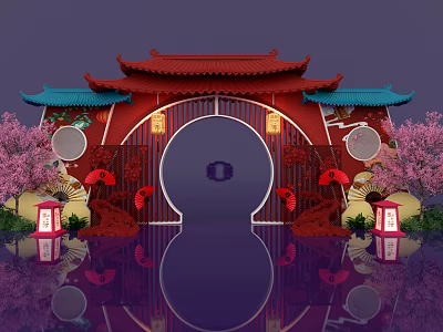 Traditional Chinese Event Gate With Red Structure Blue Roof And Cherry Blossom Trees 3d model