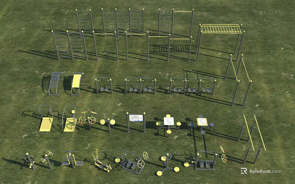 Outdoor Fitness Equipment Setup on Green Grass with Parallel Bars and Exercise Benches 3d model 