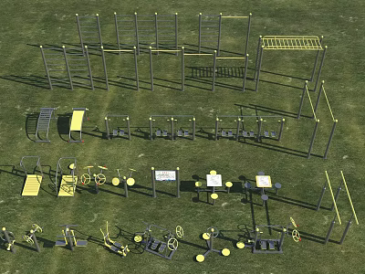 Outdoor Fitness Equipment Setup on Green Grass with Parallel Bars and Exercise Benches 3d model
