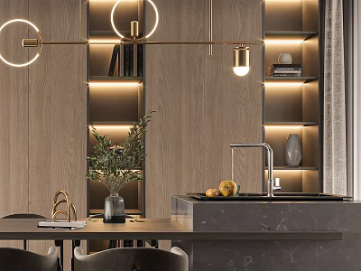 Elegant Modern Dining Living Room Interior With Golden Pendant Lights Wooden Shelves And Dining Table 3d model