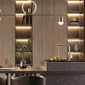 Elegant Modern Dining Living Room Interior With Golden Pendant Lights Wooden Shelves And Dining Table