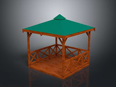 Outdoor Wooden Gazebo With Green Roof Square Structure And Decorative Railing 3d model