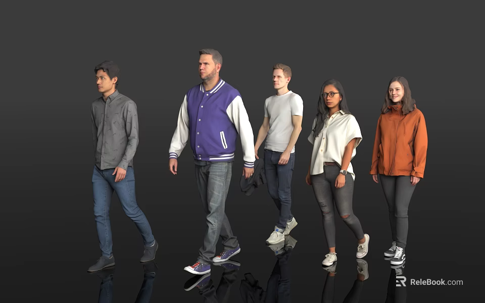 Group of People Walking Together in Various Casual Outfits on Dark Background 3d model 