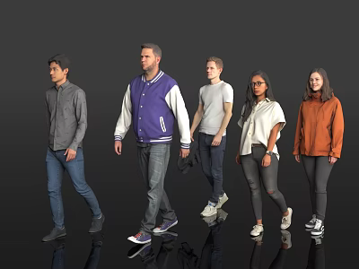 Group of People Walking Together in Various Casual Outfits on Dark Background 3d model