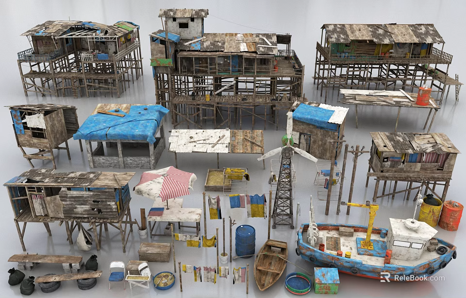Rustic Wooden Shacks With Blue Pink Roofs Boats And Clotheslines 3d model 