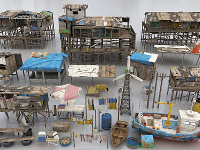 Rustic Wooden Shacks With Blue Pink Roofs Boats And Clotheslines 3d model