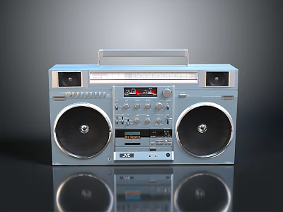 Retro Electronic Boombox with Silver Body Dual Speakers Top Handle Control Buttons and Digital 3d model