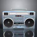 Retro Electronic Boombox with Silver Body Dual Speakers Top Handle Control Buttons and Digital