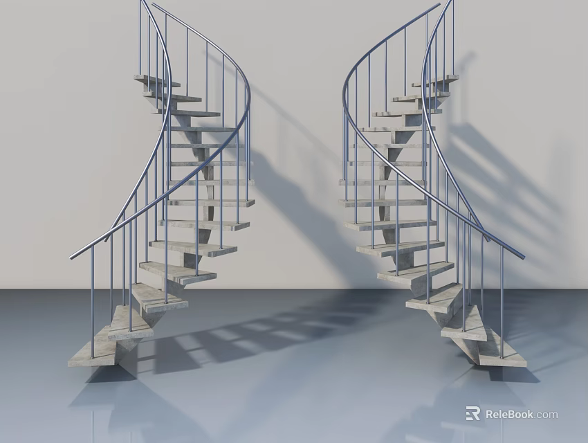 Modern Spiral Staircase Design With Metal Railings And Reflective Floor 3d model 