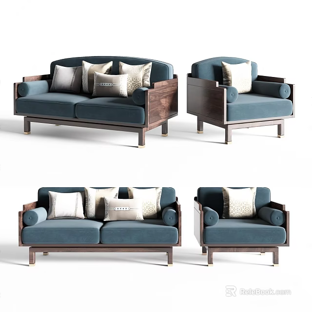 Modern Blue Sofa Set With Wooden Frame And Decorative Pillows 3d model
