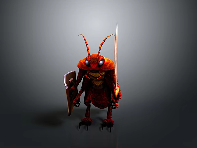 Red Armored Cockroach Warrior Holding Shield And Sword In Battle Stance 3d model