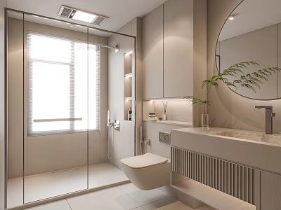 Modern Bathroom Interior With Glass Shower Wall Mounted Toilet Marble Countertop Vanity And Round Mirror 3d model