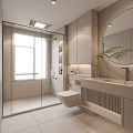 Modern Bathroom Interior With Glass Shower Wall Mounted Toilet Marble Countertop Vanity And Round Mirror